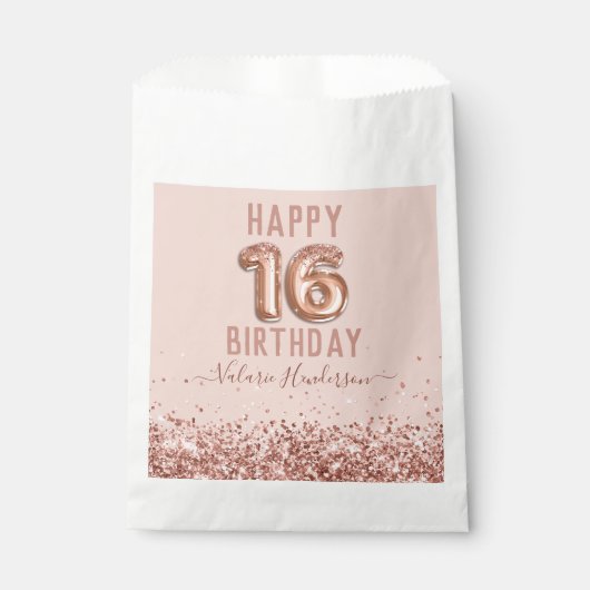Sachets En Papier Rose Gold Pink Joyeux 16e anniversaire (Devant)