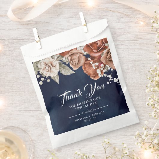 Sachets En Papier Roses orange brûlé Terracotta Floral Navy Mariage (Coupé)