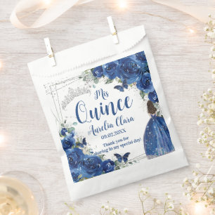 Sachets En Papier Royal Blue Floral Princess Silver Quinceañera