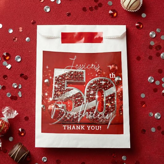 Sachets En Papier Ruby Red Silver Glitter Balloons 50th Birthday
