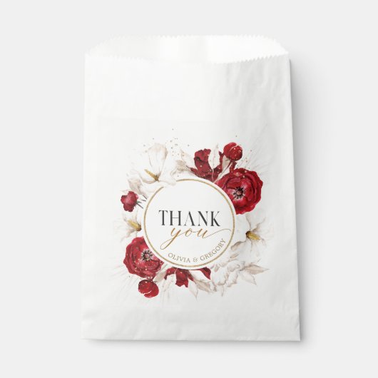 Sachets En Papier Ruby rouge et blanc fleuri merci (Devant)