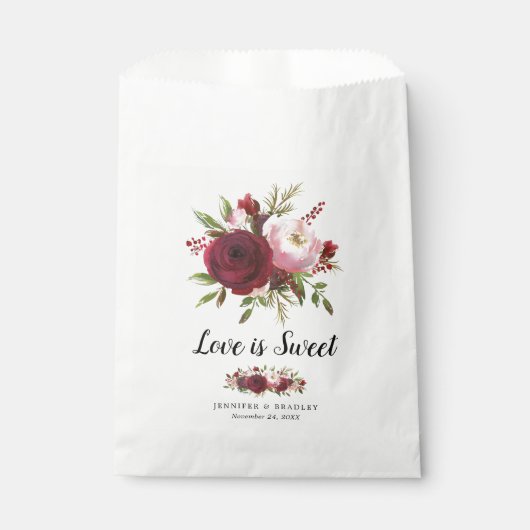 Sachets En Papier Rustique Bourgogne Blush Flowers Mariage bonbon (Devant)