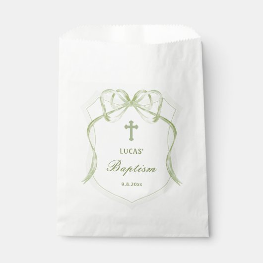 Sachets En Papier Sage Green Bow Crest Baptême (Devant)