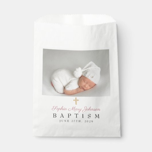 Sachets En Papier Script rose moderne Photo Baptême Favoriser Sac (Devant)