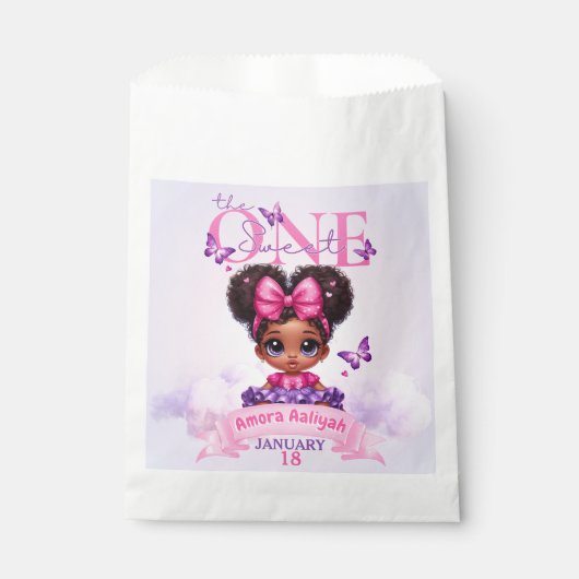 Sachets En Papier Sweet ONE Afro Puff bébé fille pourpre 1er anniver (Devant)