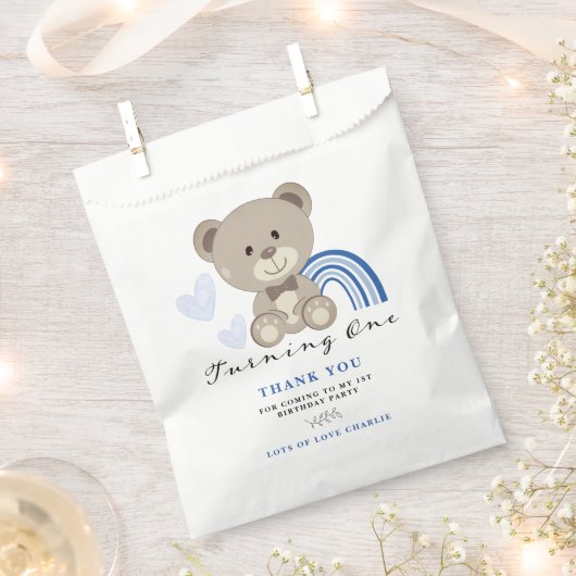 Sachets En Papier Teddy Bear 1er Anniversaire bleu (Coupé)