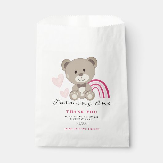 Sachets En Papier Teddy Bear 1er Anniversaire Pink Faveur Sac (Devant)