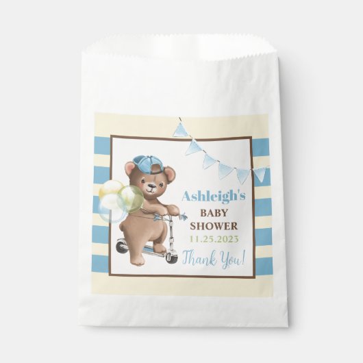 Sachets En Papier Teddy Bear sur Scooter, Baby shower rayé (Devant)