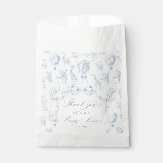 Sachets En Papier Toile de Jouy Safari animaux Baby shower bleu (Devant)