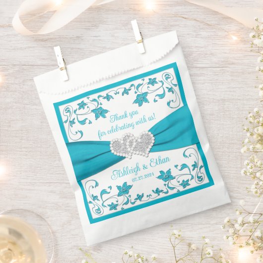 Sachets En Papier Turquoise, Blanc, Silver Love Hearts Mariage (Coupé)