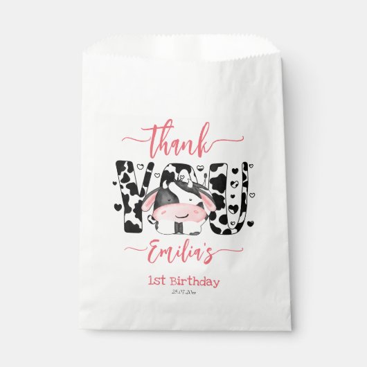 Sachets En Papier Vache fête d'anniversaire vache motif rose merci (Devant)