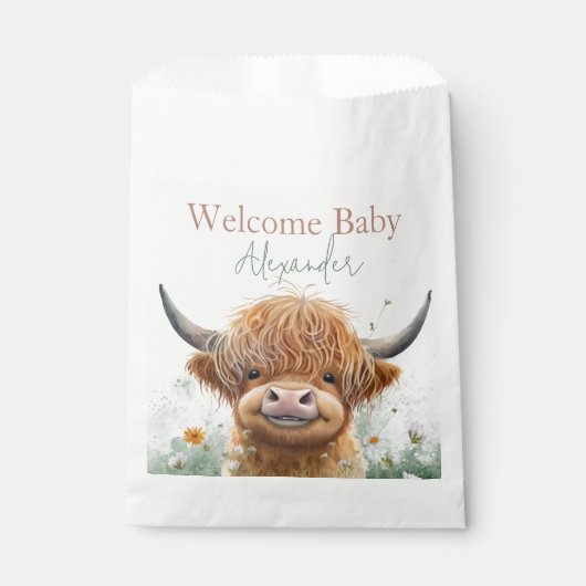 Sachets En Papier Vache Highland baby shower vert floral (Devant)