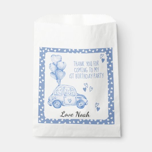 Sachets En Papier Valentine 1er anniversaire Bleu ballon et voiture (Devant)