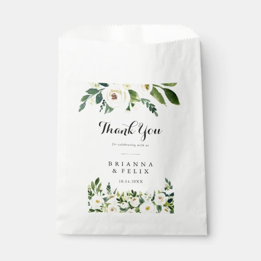 Sachets En Papier Vert Blanc Automne Floral Merci Mariage (Devant)