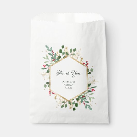 Sachets En Papier Vert doré sur blanc | Mariage de Noël (Devant)