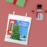 Sachets En Papier Vintage Christmas Tree Winter Wonderland<br><div class="desc">Ce charmant sac de faveur est le moyen idéal pour ajouter une touche personnelle à vos cadeaux de vacances. Il est orné d'un sapin de Noël joliment illustré, orné de rouge et blanc et surmonté d'une étoile jaune radieuse. L'arbre est haut contre un arrière - plan bleu et enneigé, créant...</div>