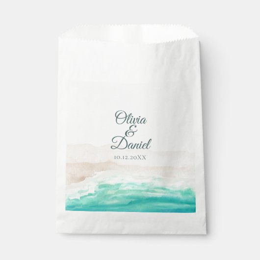 Sachets En Papier Watercolor Turquoise Sandy Beach Wedding (Devant)
