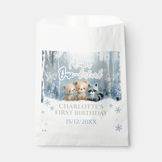 Sachets En Papier Winter Onederland Bear Blue First Birthday Party (Devant)