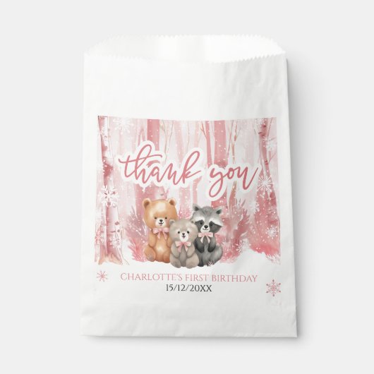 Sachets En Papier Winter Onederland Bear Pink First Birthday Party (Devant)