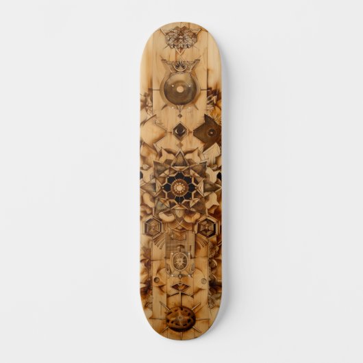 Sacred geometry skateboard, pryrography on wood skateboard (Voorkant)