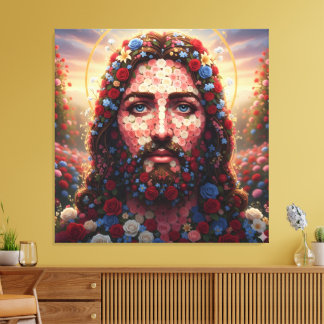 Sacred Heart Jesus Floral Rose Portrait - Premium  Canvas Afdruk
