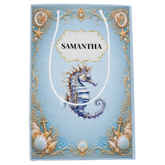 Sacs cadeaux thème plage bleu hippocampe (Devant)