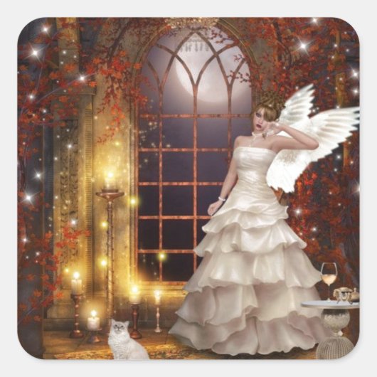 Sad Angel met Kat Vierkante Sticker (Voorkant)