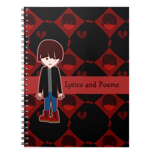 Sad Lonely Emo Boy Fun Cartoon Art Design Notitieboek (Voorkant)