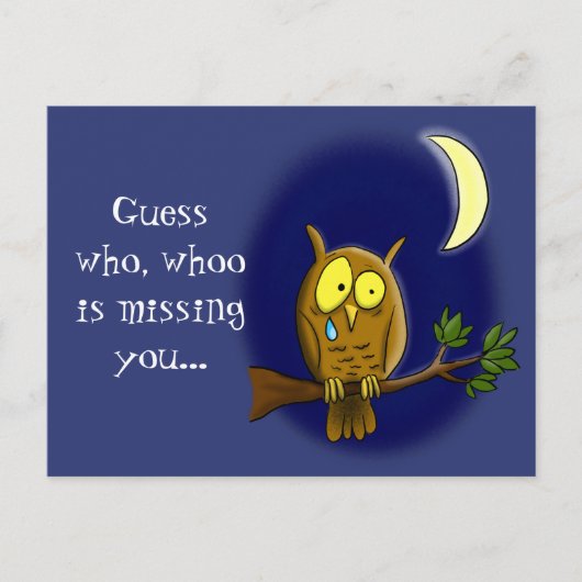 Sad owl met traan en maan die je cartoon mist briefkaart (Voorkant)