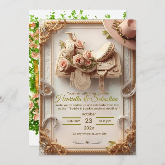 Saddle & Sparkle – Rustieke Westerne bruiloft uitn Kaart (Voorkant / Achterkant)