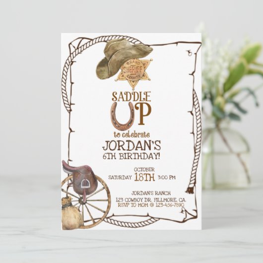 SADDLE UP, COWBOY PARTY, BOY BIRTHDAY, WESTERN AANKONDIGING (Staand voorkant)
