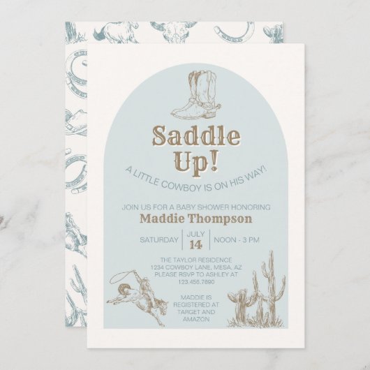 Saddle Up ! Invitation Baby shower Cowboy (Devant / Derrière)