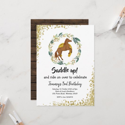 Saddup Cheval Anniversaire Fête Invitation (Devant/Arrière en situation)