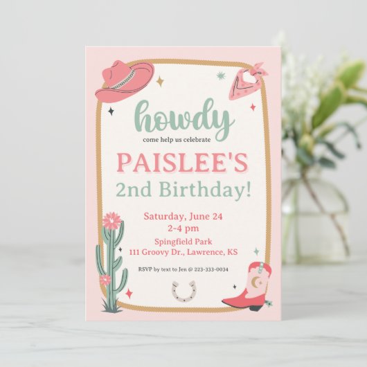 Saddup Girly Cowboy Invitation d'anniversaire (Debout devant)