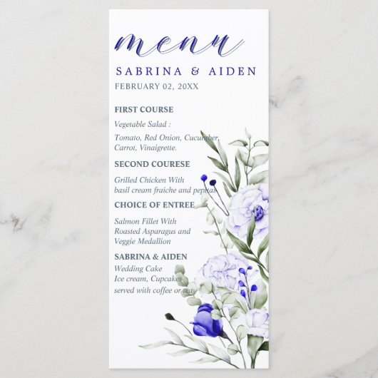 Sade of Royal Blue Ivory Floral Wedding Menu (Voorkant)