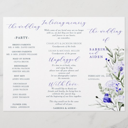 Sade Of Royal Blue Ivory Floral Wedding Programme (Devant)