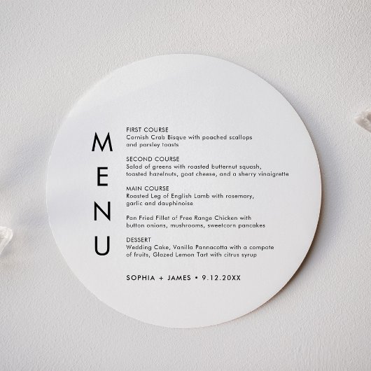 SADIE Minimalistische ronde bruiloft diner menu Kaart