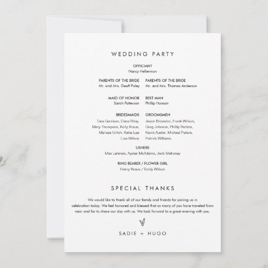 SADIE Modern Minimal Wedding Program 5x7 Flat Kaar Kaart (Achterkant)