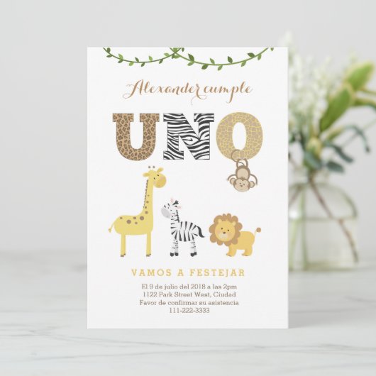 Safari 1st Birthday Invite in het Spaans, 1er cump Kaart (Staand voorkant)