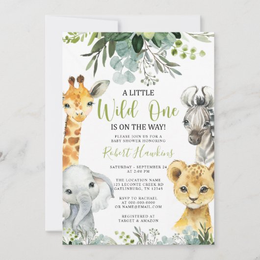 Safari Animal Baby shower Invitation Greenery Kaart (Voorkant)