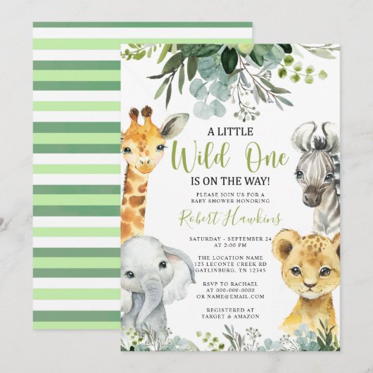 Safari Animal Baby shower Invitation Verdure (Devant / Derrière)