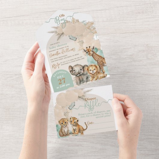 Safari animal Boho Oh Boy Baby shower All In One Uitnodiging (Afscheurbaar)
