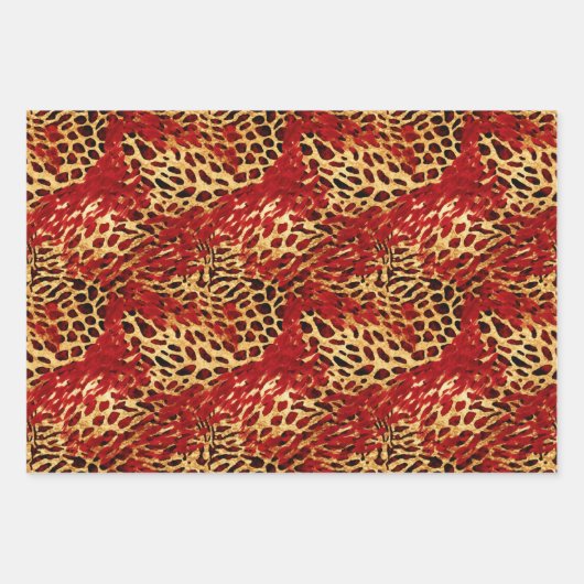 Safari Animal Fur Prints Rood en Goud Inpakpapier Vel (Voorkant 3)