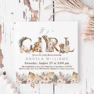 Safari Animal Tropical Floral Girl Baby shower Kaart