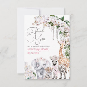 Safari Animal Tropical Flower Pink Baby shower Bedankkaart