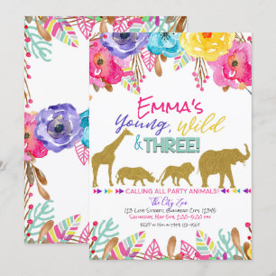 Safari Animal Young Wild & Three Girls Birthday Kaart