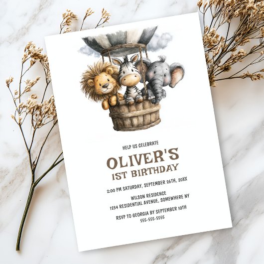 Safari Animals 1st Birthday Party Invitation