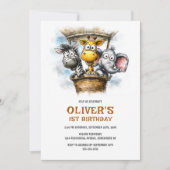 Safari Animals 1st Birthday Party Invitation Kaart (Voorkant)