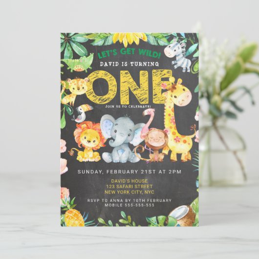 Safari Animals 1st Boy Verjaardag Krijtbord Oerwou Kaart (Staand voorkant)