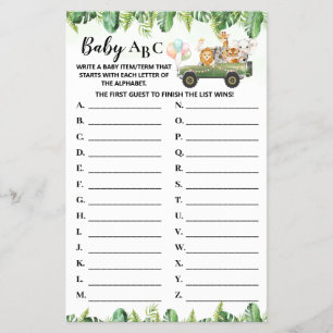 Safari Animals Baby ABC Baby shower Game Kaart